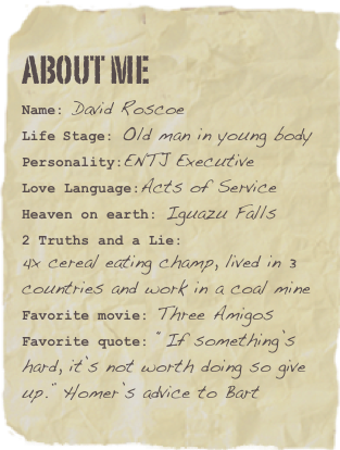 About me
Name: David RoscoeLife Stage: Old man in young bodyPersonality:ENTJ Executive
Love Language:Acts of Service
Heaven on earth: Iguazu Falls
2 Truths and a Lie: 
4x cereal eating champ, lived in 3 countries and work in a coal mine Favorite movie: Three AmigosFavorite quote: “If something’s hard, it’s not worth doing so give up.” Homer’s advice to Bart